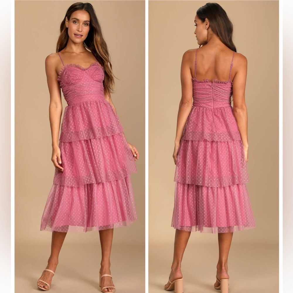 Lulus Sweetheart Style Mauve Polka Dot Bustier Tiered Midi Dress Size Small NWT